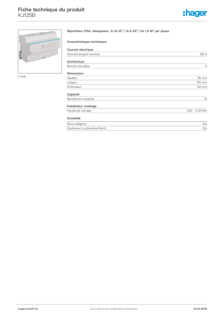Image Hager Fiche technique du produit KJ125B | Hager Suisse