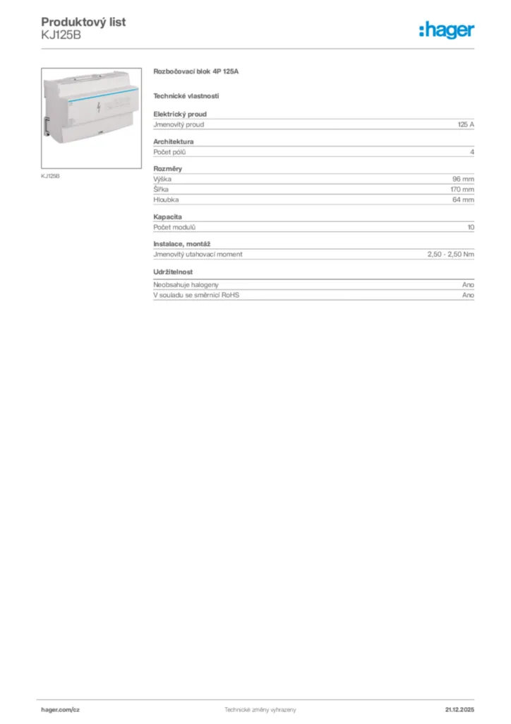 Obrázek Hager Produktový list KJ125B | Hager