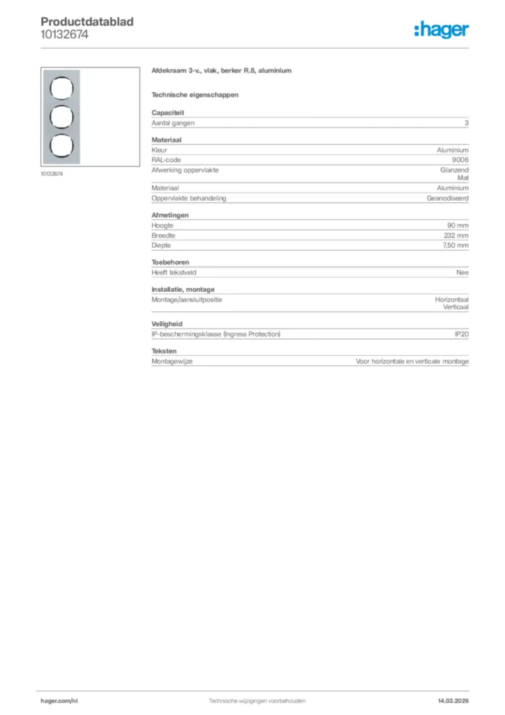 Afbeelding Hager Productdatablad 10132674 | Hager Nederland