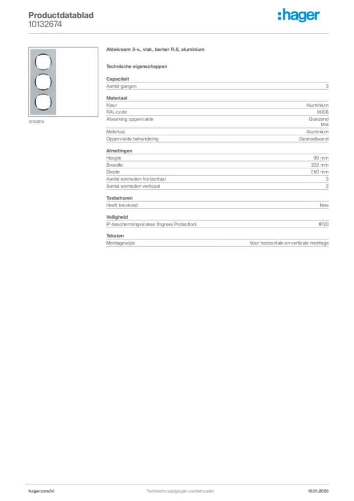 Afbeelding Hager Productdatablad 10132674 | Hager Nederland