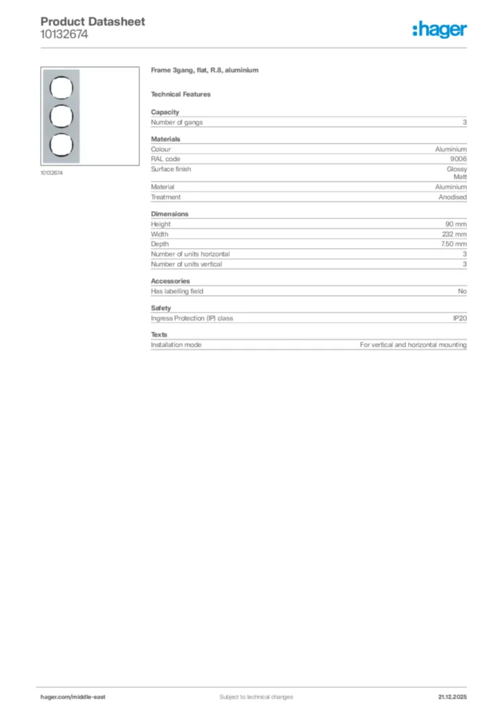 Image Hager Product data sheet 10132674  | Hager