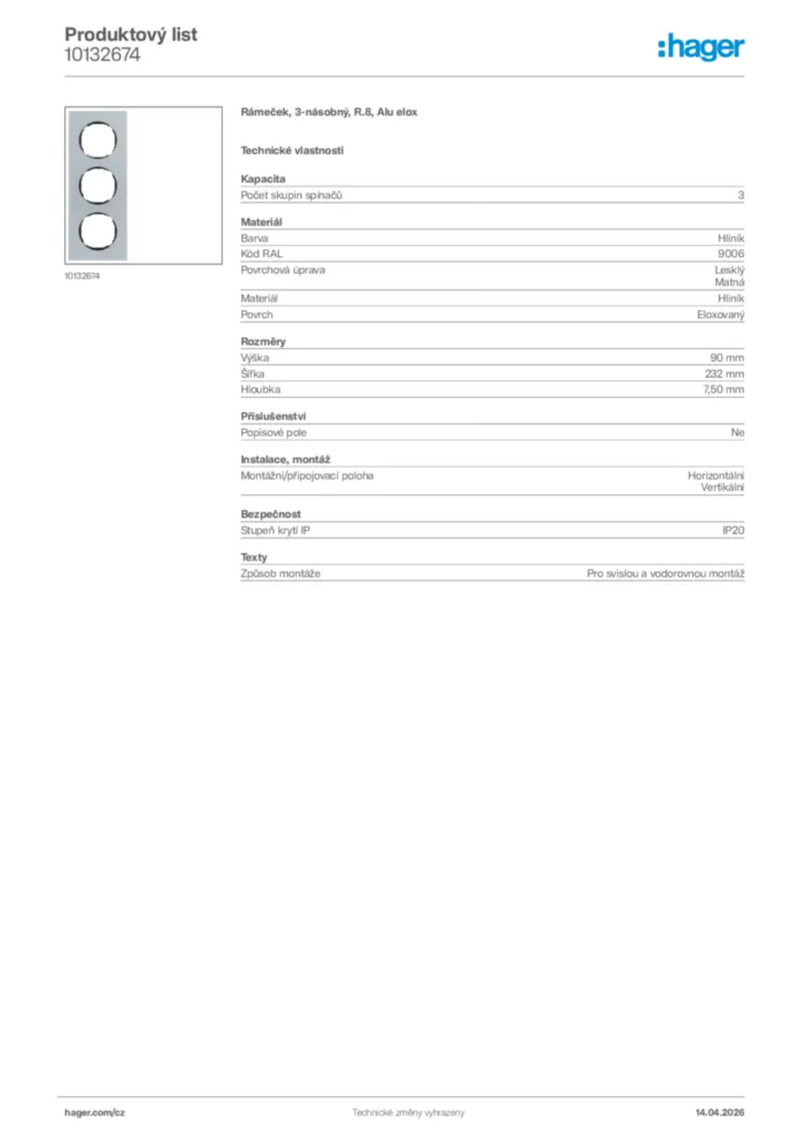 Obrázek Hager Product data sheet 10132674 | Hager