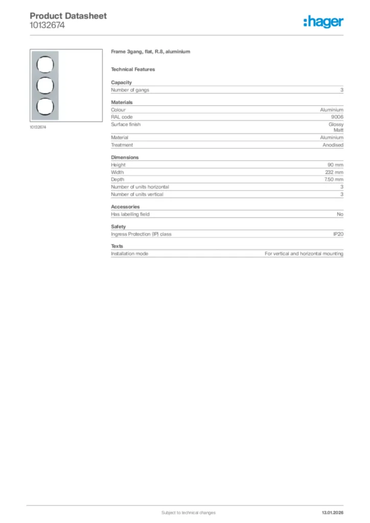 Image Hager Product data sheet 10132674  | Hager