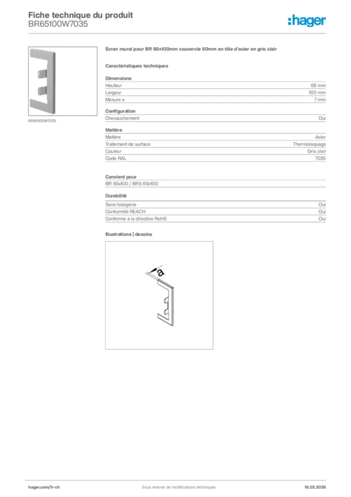 Image Hager Fiche technique du produit BR65100W7035 | Hager Suisse