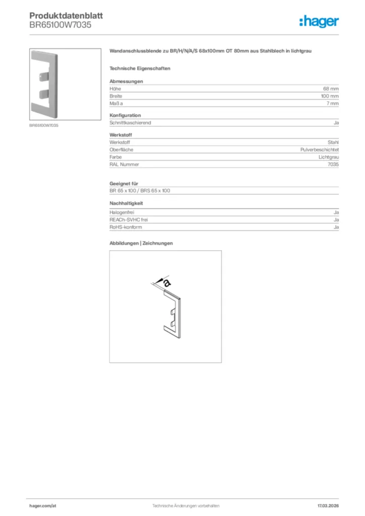 Bild Hager Produktdatenblatt BR65100W7035 | Hager Deutschland