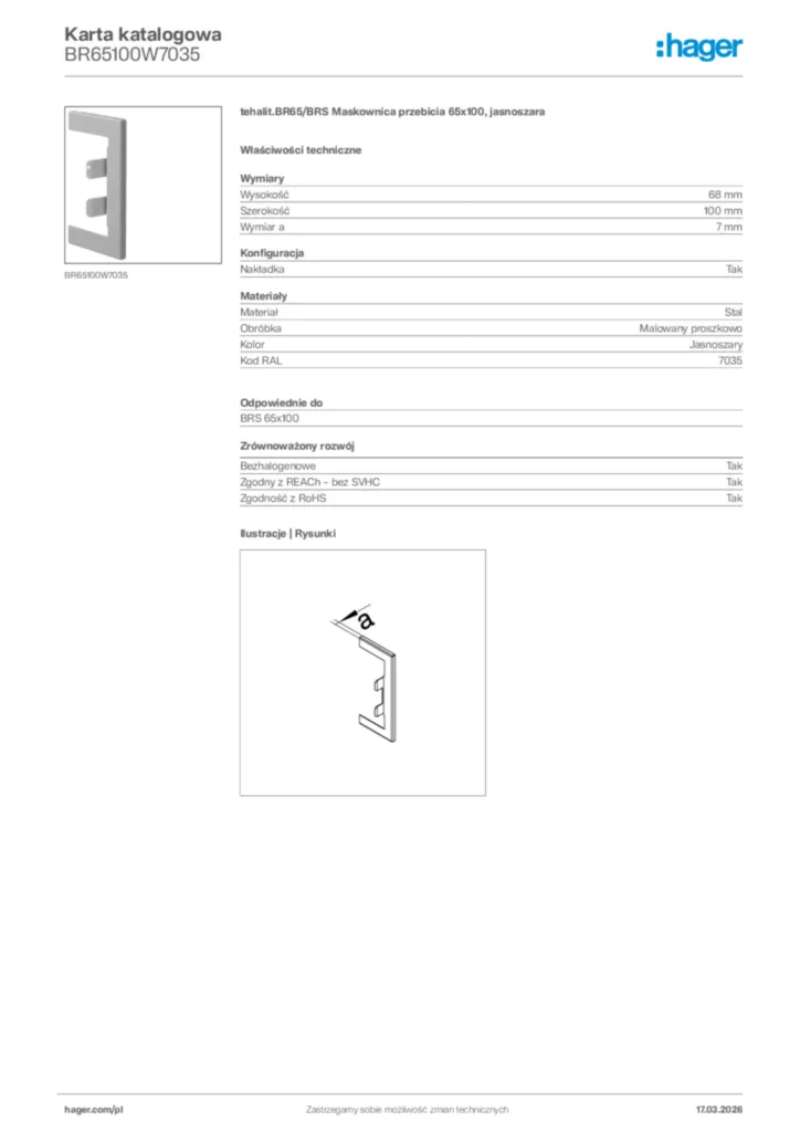 Zdjęcie Hager Karta katalogowa BR65100W7035 | Hager Polska