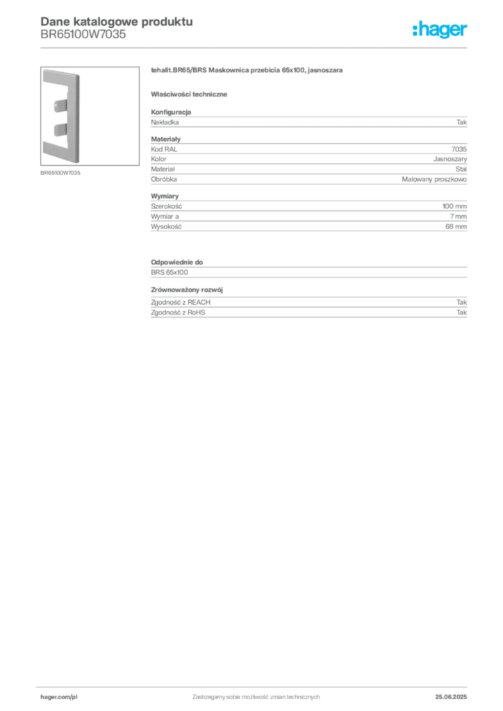 Zdjęcie Hager Dane katalogowe produktu BR65100W7035 | Hager Polska