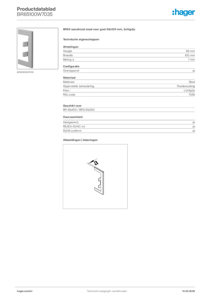 Afbeelding Hager Productdatablad BR65100W7035 | Hager Nederland