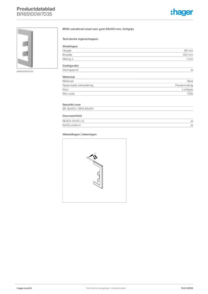 Afbeelding Hager Productdatablad BR65100W7035 | Hager Nederland