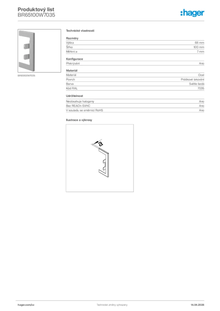 Obrázek Hager Product data sheet BR65100W7035 | Hager