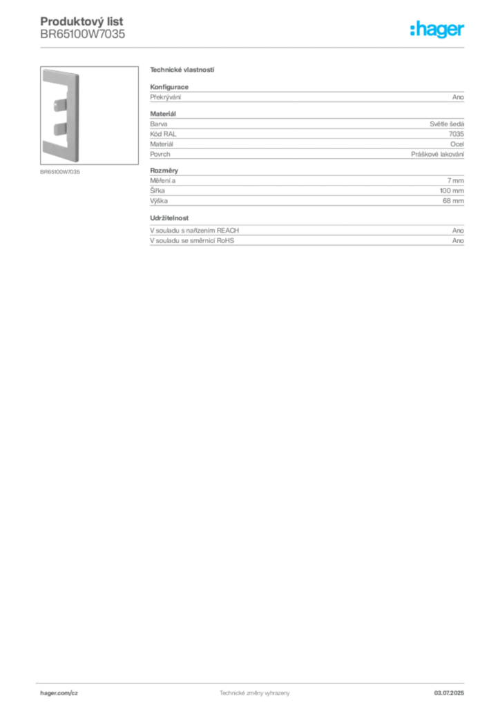 Obrázek Hager Produktový list BR65100W7035 | Hager