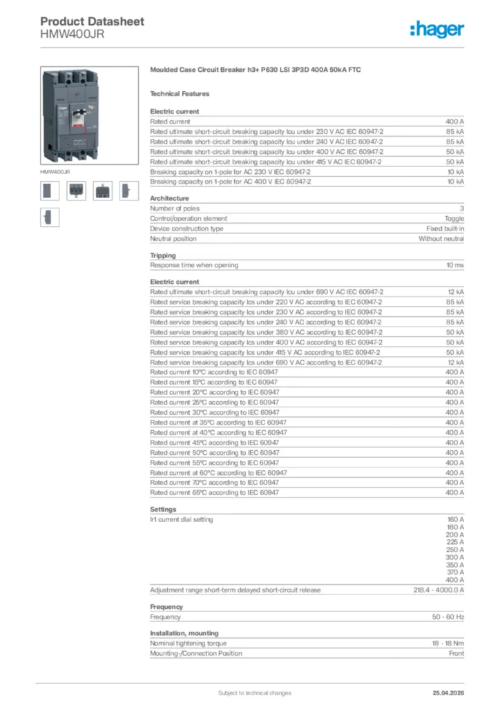Image Hager Product data sheet HMW400JR  | Hager Africa