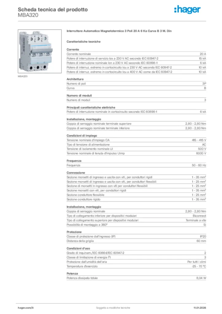 Immagine Hager Scheda tecnica del prodotto MBA320 | Hager Italia