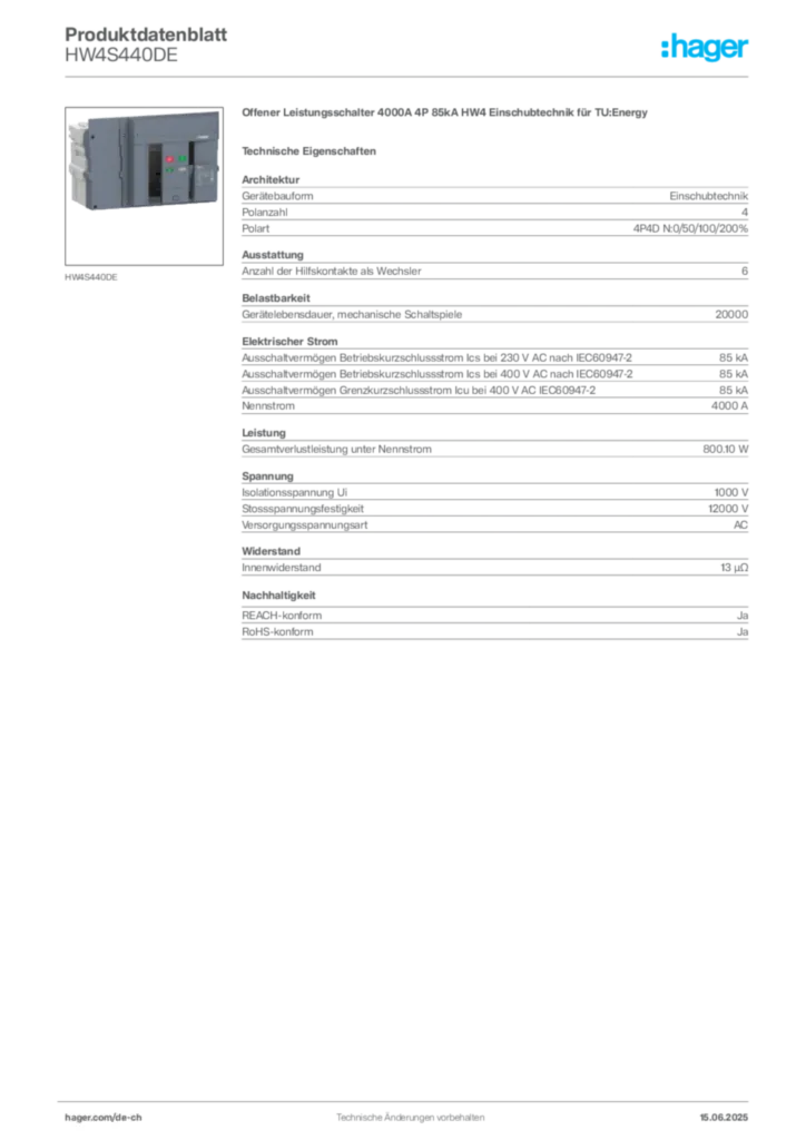 Bild Hager Produktdatenblatt HW4S440DE | Hager Schweiz
