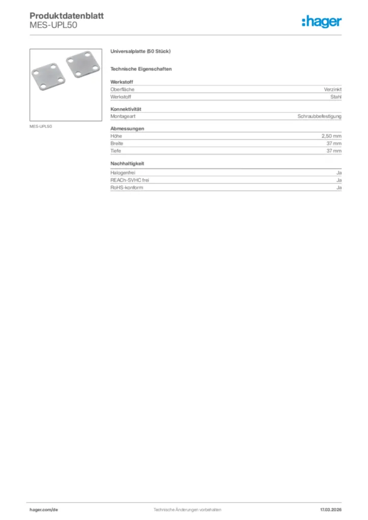 Bild Hager Produktdatenblatt MES-UPL50 | Hager Deutschland