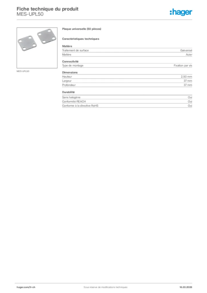 Image Hager Fiche technique du produit MES-UPL50 | Hager Suisse