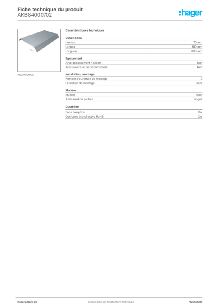 Image Hager Fiche technique du produit AKB84000702 | Hager Suisse