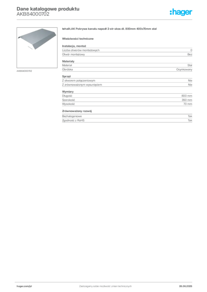 Zdjęcie Hager Dane katalogowe produktu AKB84000702 | Hager Polska
