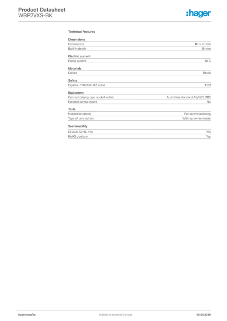 Image Hager Product data sheet WBP2VXS-BK  | Hager Australia