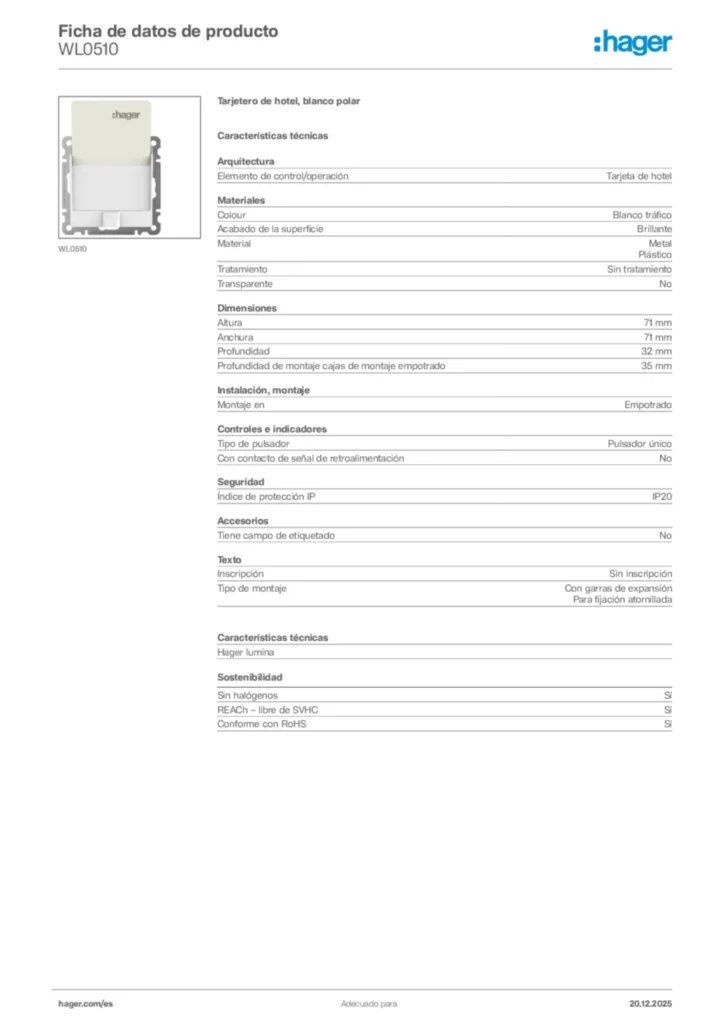Imagen Hager Ficha de datos de producto WL0510 | Hager España