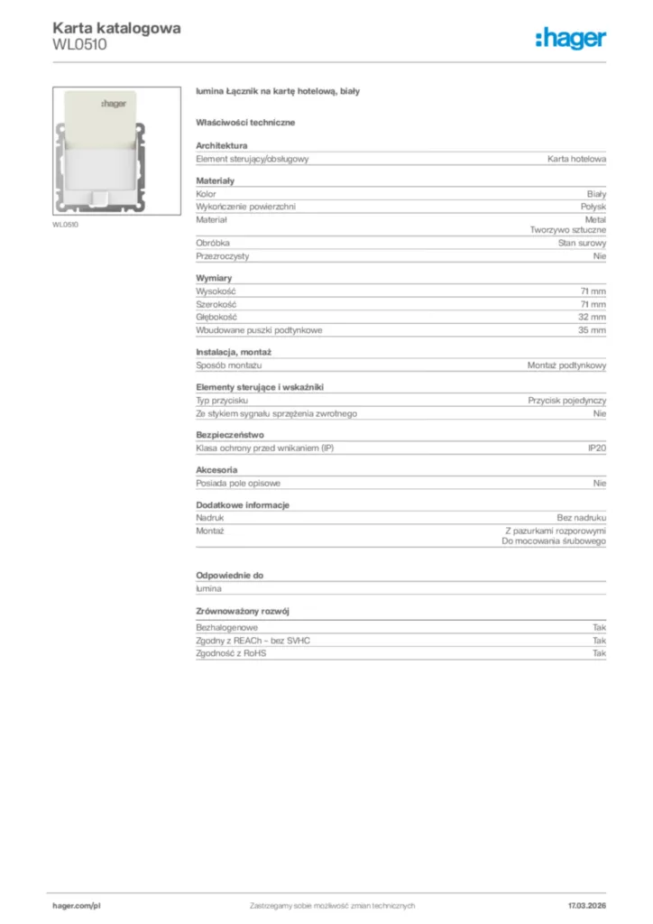 Zdjęcie Hager Karta katalogowa WL0510 | Hager Polska