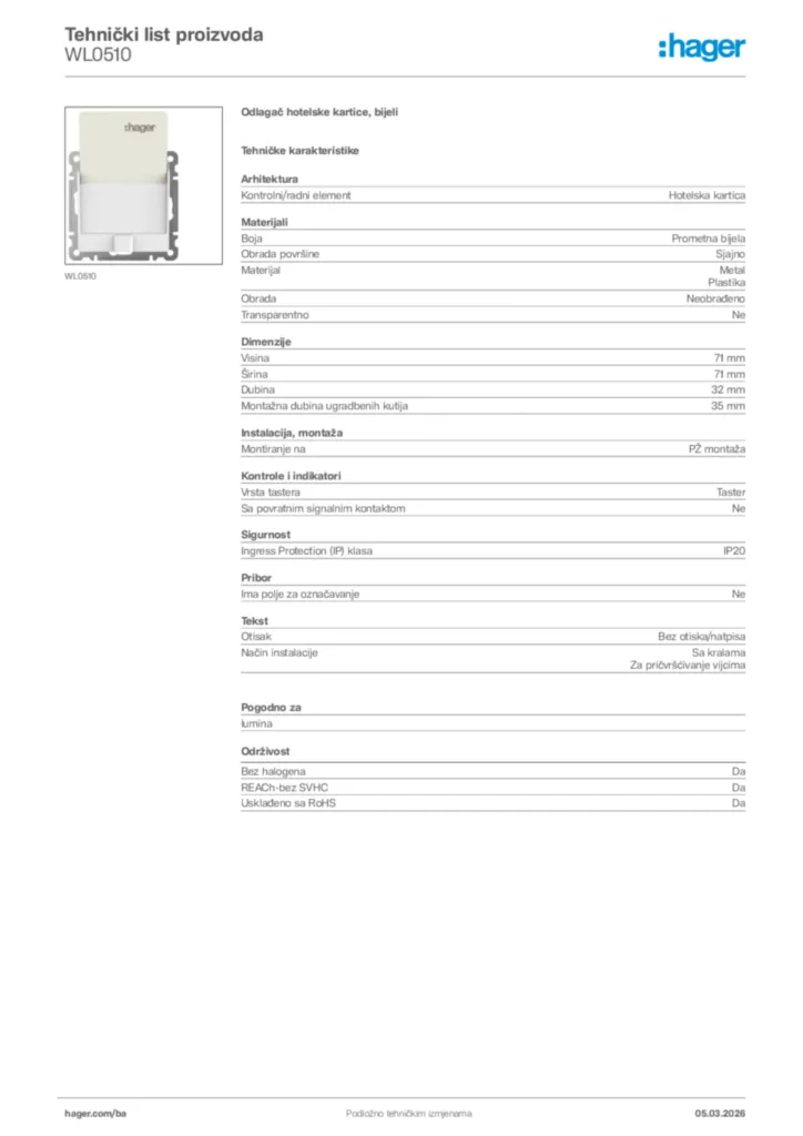Slika Hager Tehnički list proizvoda WL0510  | Hager
