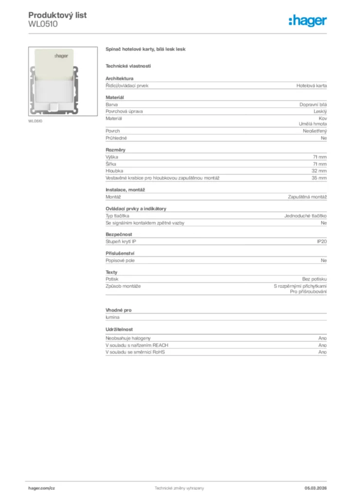 Obrázek Hager Product data sheet WL0510 | Hager