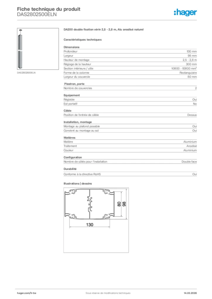 Image Hager Fiche technique du produit DAS2802500ELN | Hager Belgique
