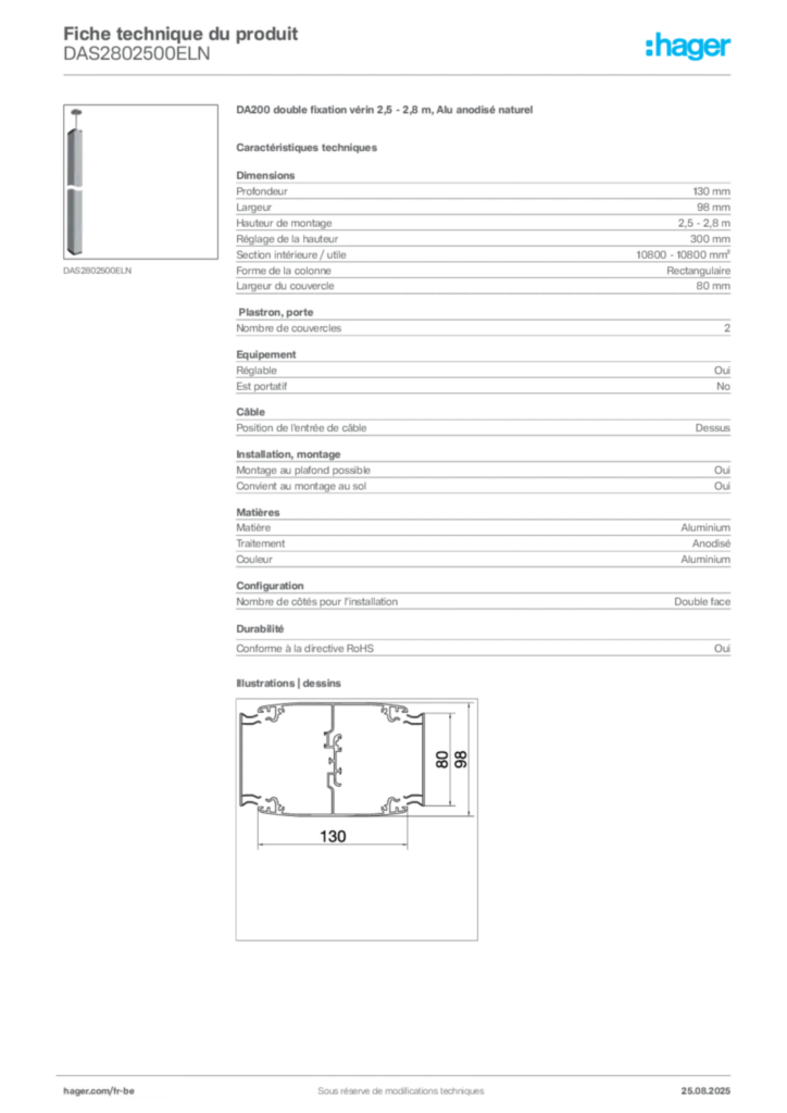 Image Hager Fiche technique du produit DAS2802500ELN | Hager Belgique