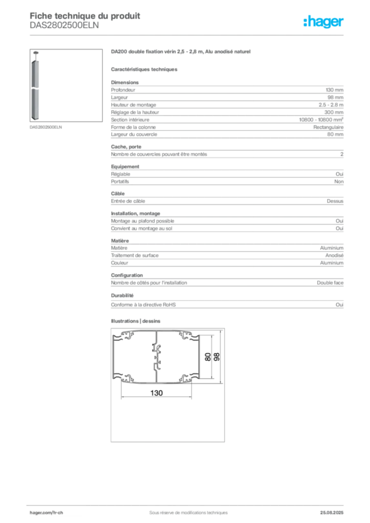 Image Hager Fiche technique du produit DAS2802500ELN | Hager Suisse