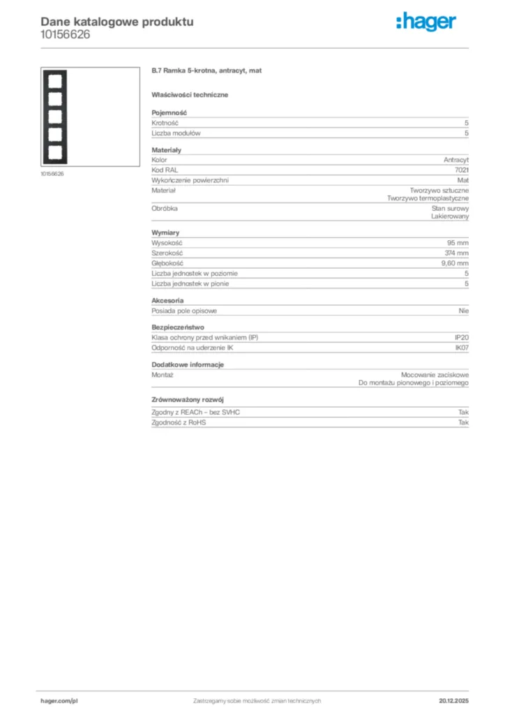 Zdjęcie Hager Dane katalogowe produktu 10156626 | Hager Polska