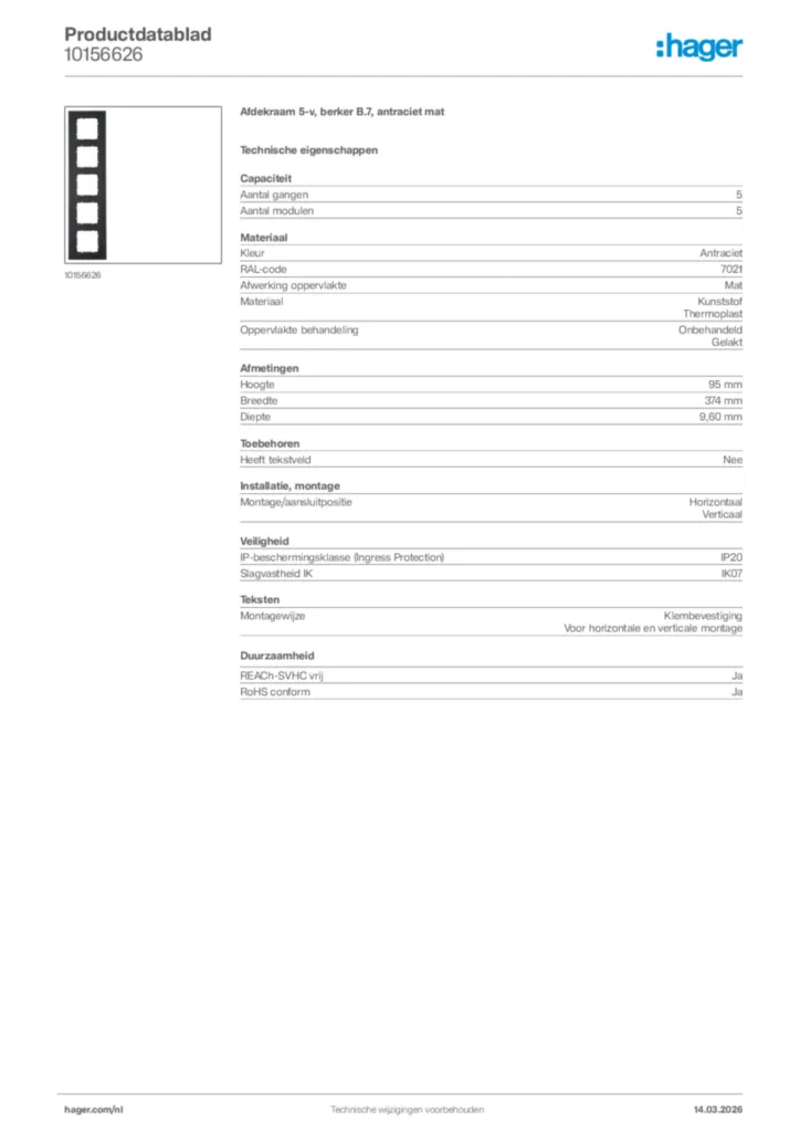 Afbeelding Hager Productdatablad 10156626 | Hager Nederland