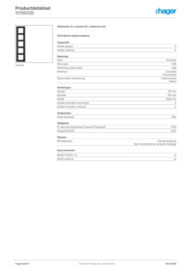 Afbeelding Hager Productdatablad 10156626 | Hager Nederland
