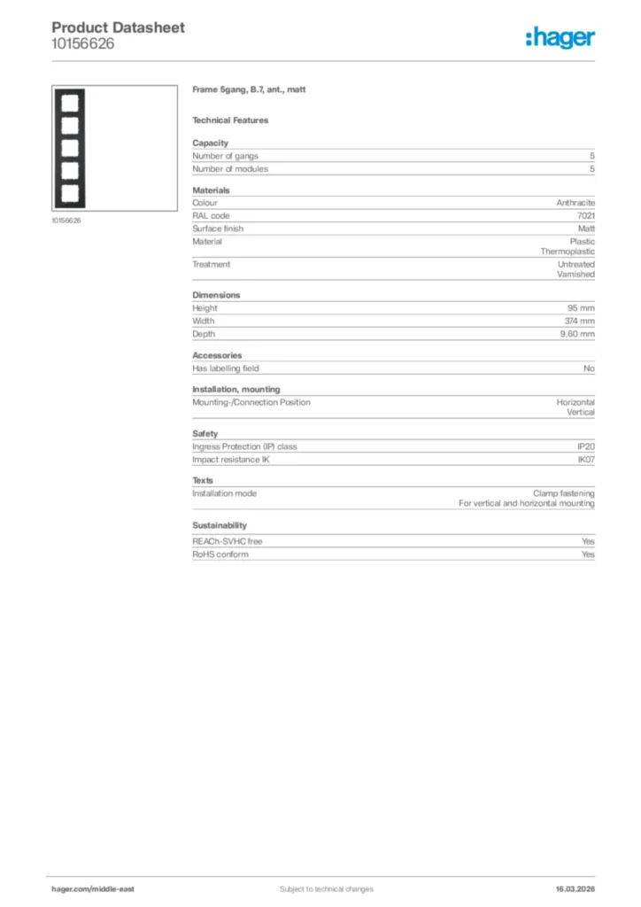 Image Hager Product data sheet 10156626  | Hager