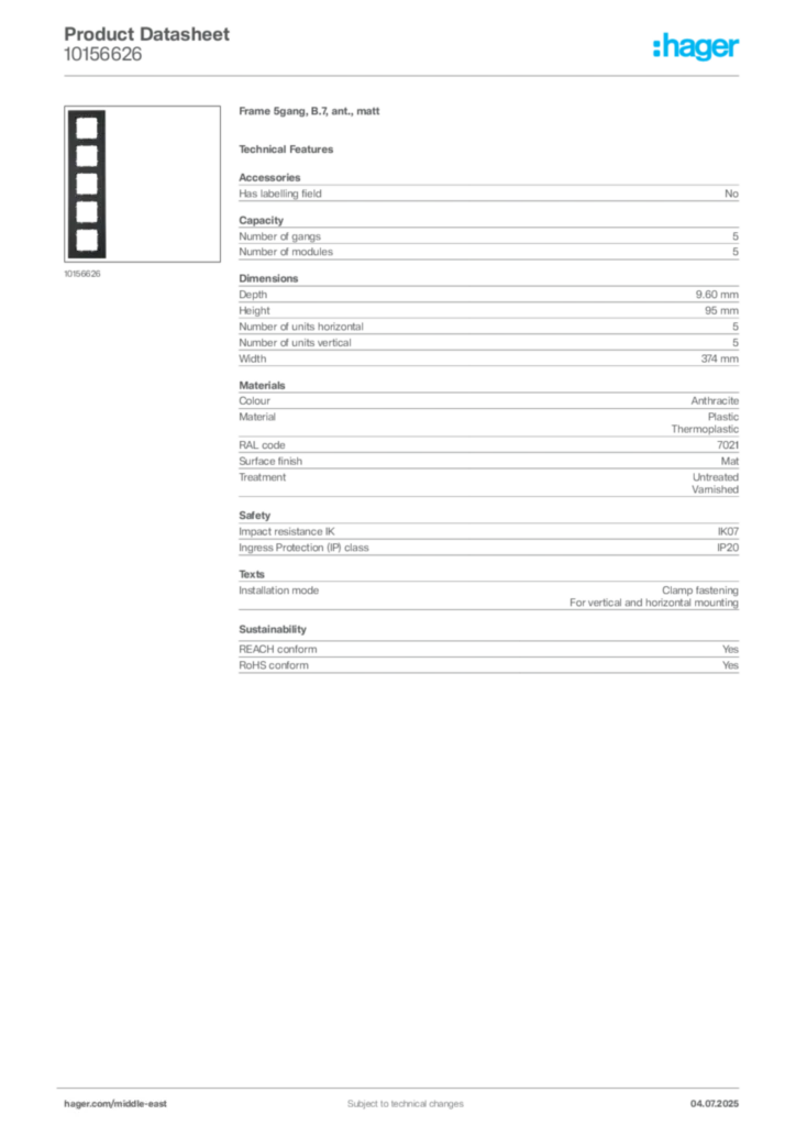 Image Hager Product data sheet 10156626  | Hager