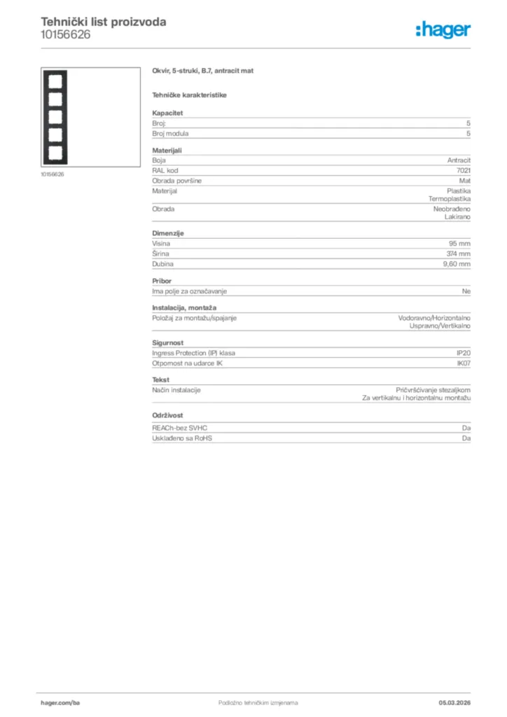 Slika Hager Tehnički list proizvoda 10156626  | Hager