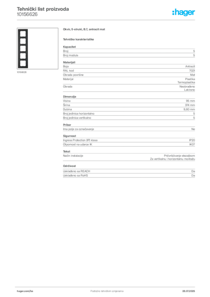 Slika Hager Product data sheet 10156626  | Hager