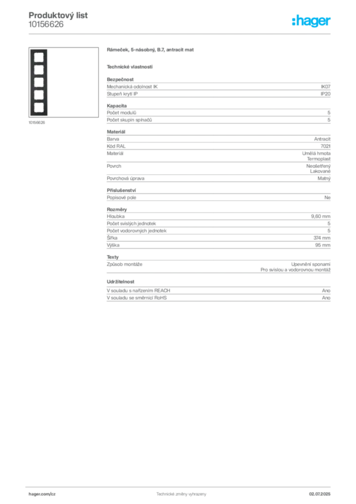 Obrázek Hager Produktový list 10156626 | Hager
