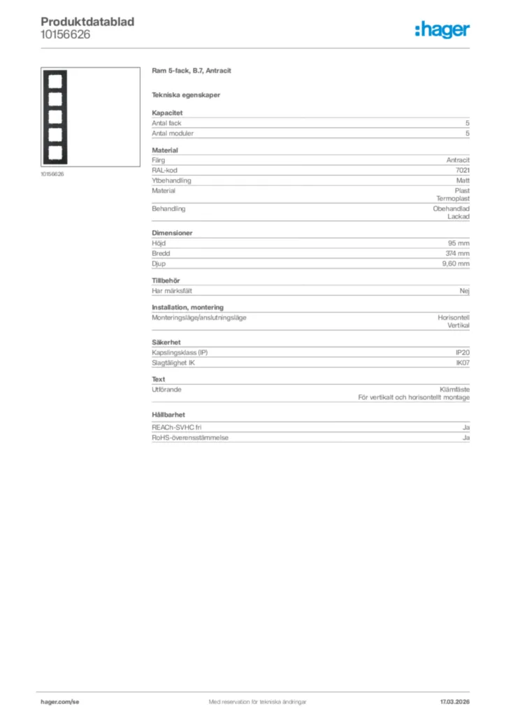 Bild Hager Produktdatablad 10156626 | Hager Sverige