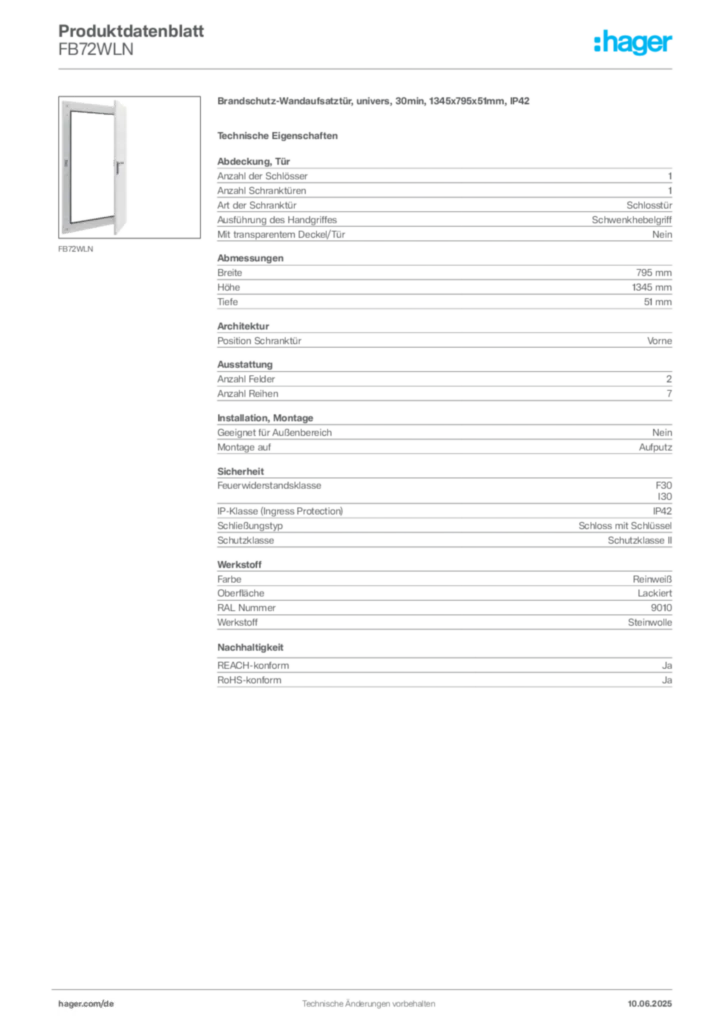 Hager Produktdatenblatt FB72WLN