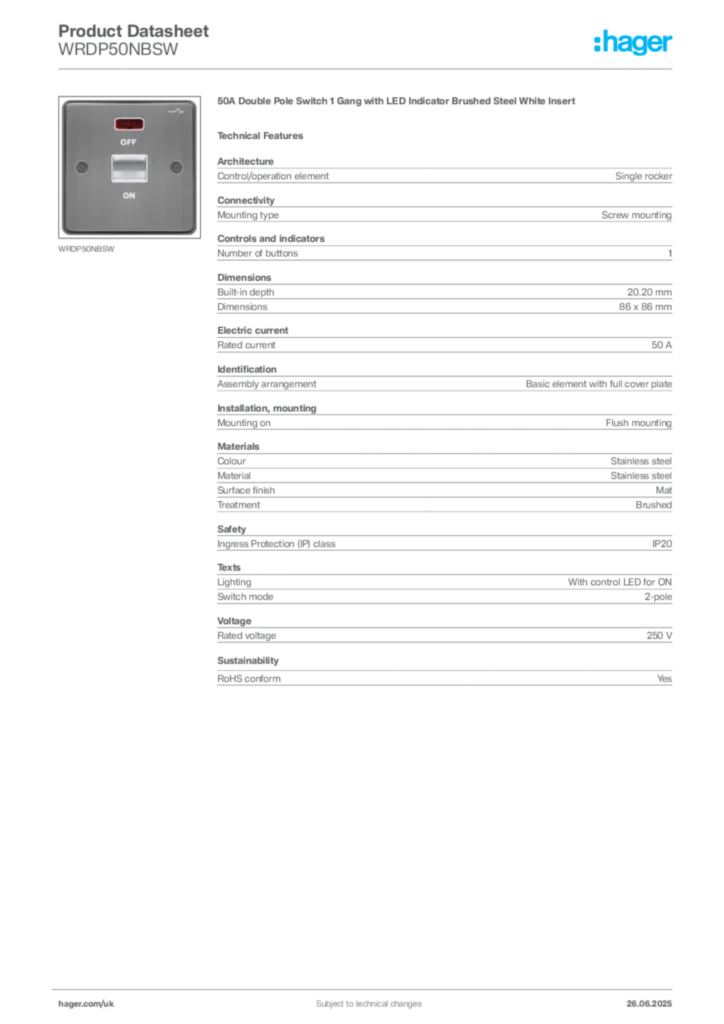Image Hager Product data sheet WRDP50NBSW  | Hager