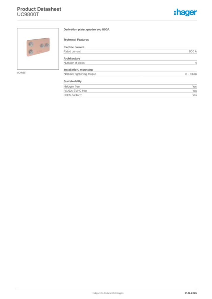 Image Hager Product data sheet UC9800T  | Hager Africa
