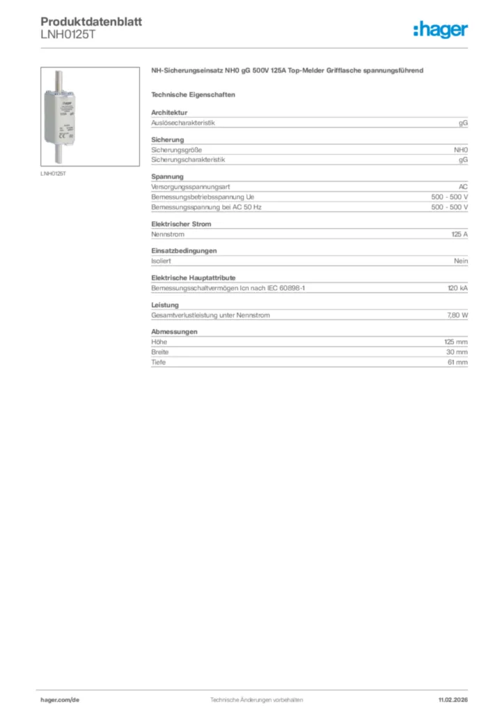 Bild Hager Produktdatenblatt LNH0125T | Hager Deutschland