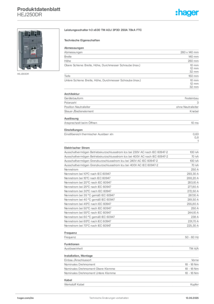 Bild Hager Produktdatenblatt HEJ250DR | Hager Deutschland