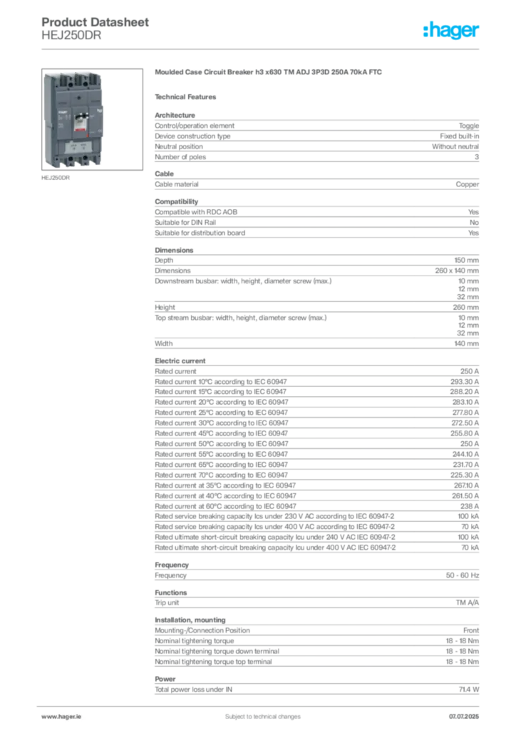 Image Hager Product data sheet HEJ250DR  | Hager