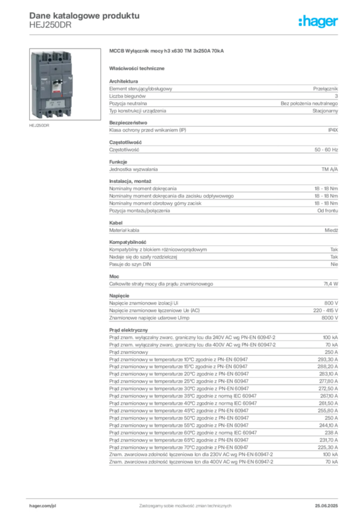 Zdjęcie Hager Dane katalogowe produktu HEJ250DR | Hager Polska