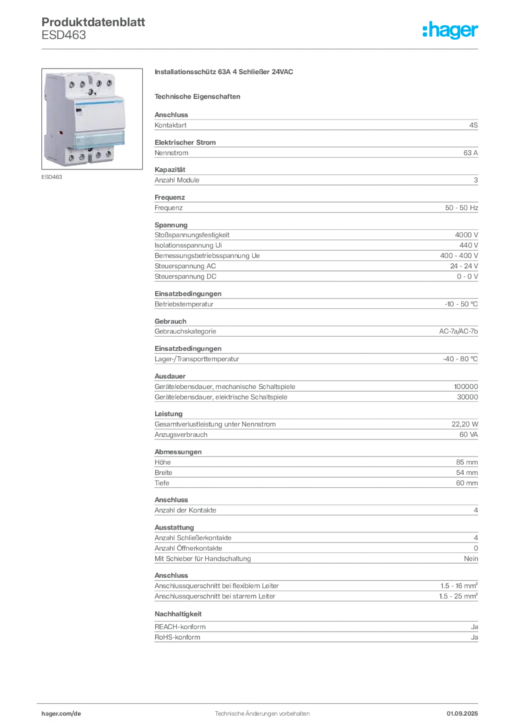 Hager Produktdatenblatt ESD463