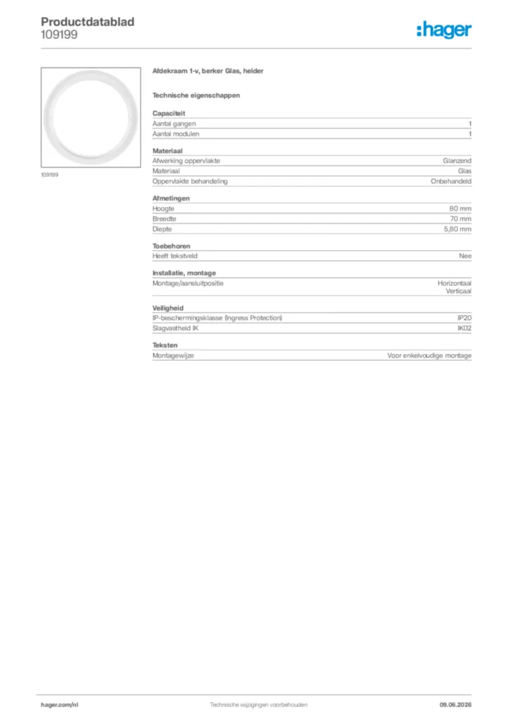 Afbeelding Hager Productdatablad 109199 | Hager Nederland