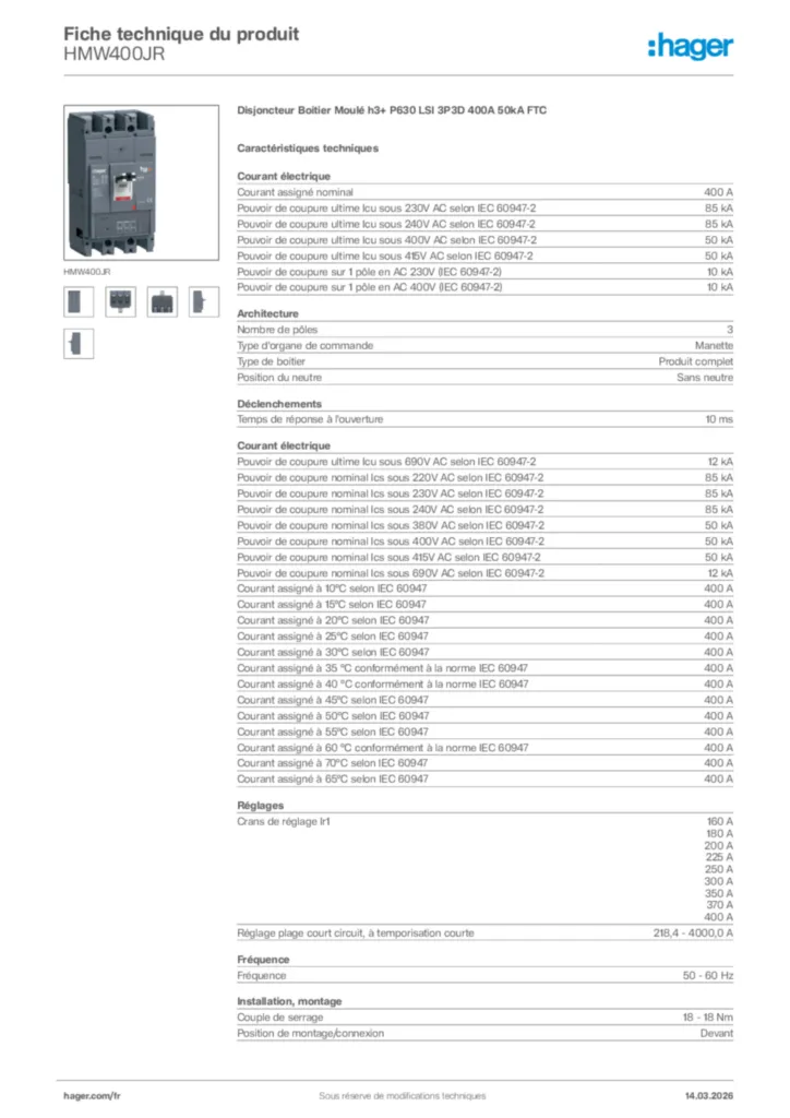 Image Hager Fiche technique du produit HMW400JR | Hager France
