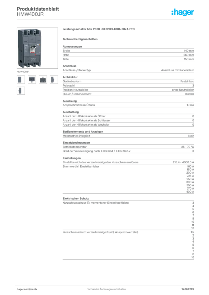 Bild Hager Produktdatenblatt HMW400JR | Hager Schweiz